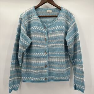 Vintage Alps Sweater Womens Medium Blue Striped Fair Isle Cardigan Chunky Button